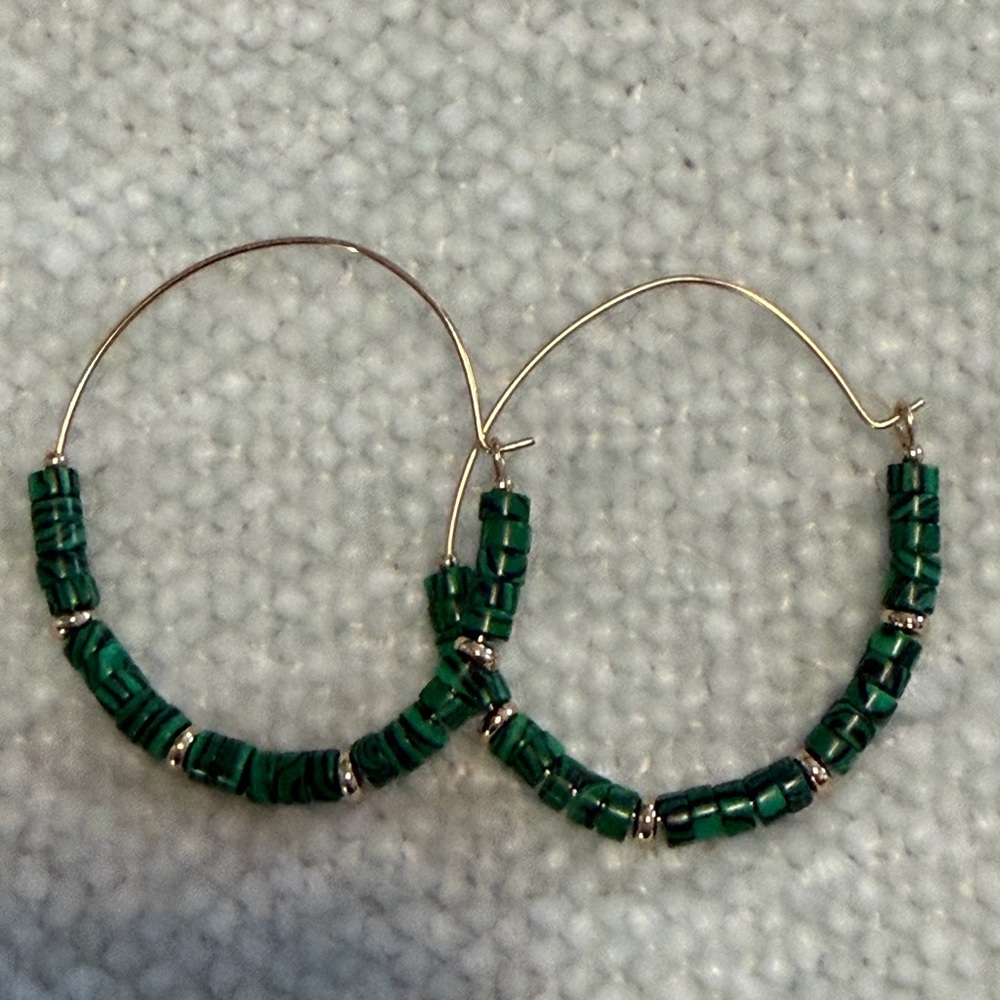 Malachite beaded gold hoop earrings
